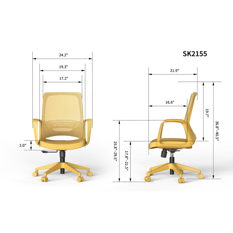 Chaise de bureau ergonomique jaune en maille, chaise de travail réglable en hauteur avec accoudoirs intégrés, chaise de bureau pour le télétravail