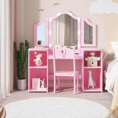 Kids Vanity Table and Chair Set with Lighted Mirror, 2 in 1 Princess Vanity Set with Open Bookshelf, Storage Cabinet & Shelves, Adjustable Mirror and