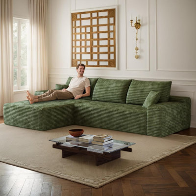 Oversized Corduroy Sectional Boneless Couch, 108" W L Shaped Modular Sectional Sofa with Chaise/Ottoman, No Assembly Required, Compress Couches for Living Room (3 Seater+Right Chaise)