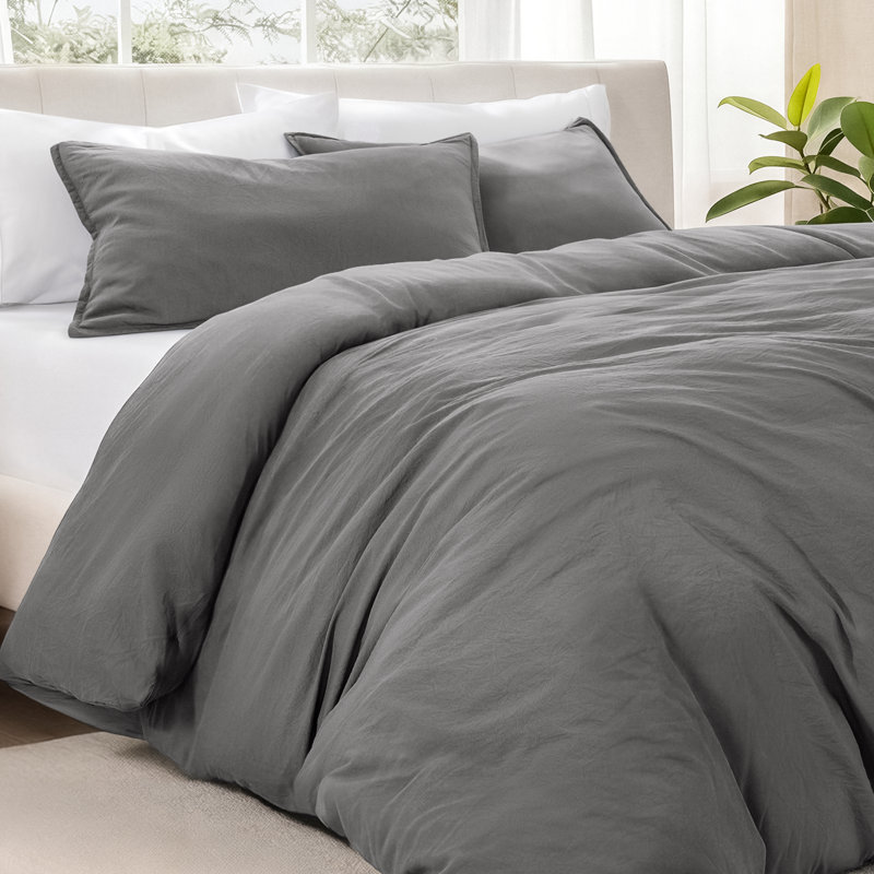Washed Microfiber Duvet Cover Set, Queen Duvet Cover + 2 Standard Shams, Sandwash Gray