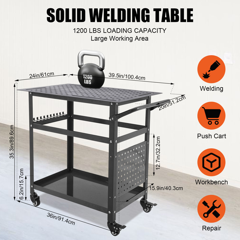 Table de soudage robuste en acier, établi 36 po x 24 po - charge de 1200 lb, roulante avec poignée, tablettes de rangement doubles, 11 crochets à outils, trous de 5/8 po - support pour garage et mobile, noir