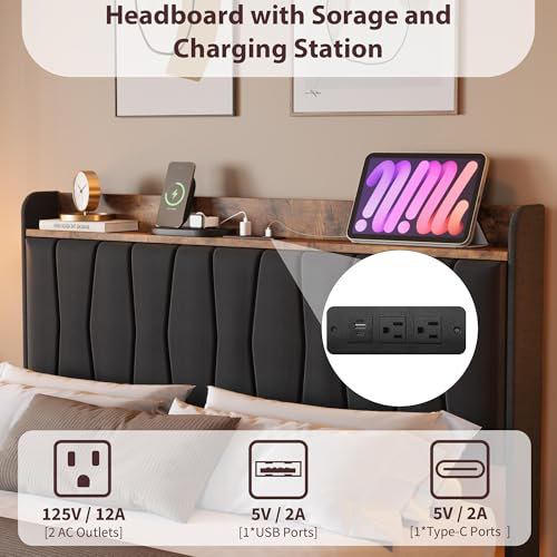 Base de lit flottante avec tête de lit avec rangement, lit plateforme tapissier avec éclairage ambiant à DEL et station de charge intégrée