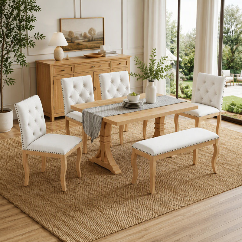 Ensemble de table de salle à manger 6 pièces avec banc et chaises capitonnées, Brown / Natural, Naturel