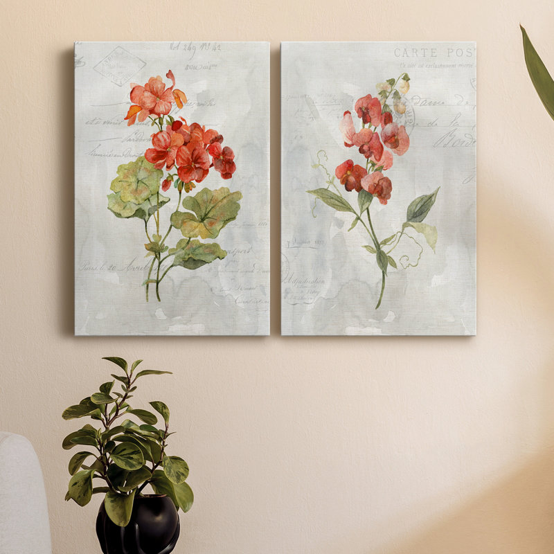 Lin géranium - ensemble de 2 peintures sur toiles, H 27 po x l 36 po x P 1 po, Toile tendue
