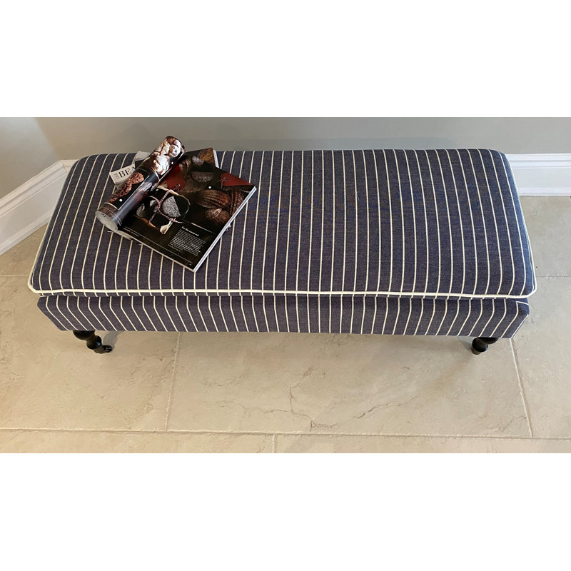 SEAT4U Prebe Bedroom Hallway Bench with Indigo Blue Ticking Linen Blend Fabric Upholstered , Indigo