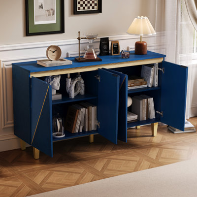 Buffet de rangement 60 po avec 4 portes, effet dimensionnel, tablettes réglables à trois niveaux, charnières à fermeture en douceur pour le rangement de l'armoire de rangement rétro, 4 tablettes à effet rétro, salle à manger, cuisine,