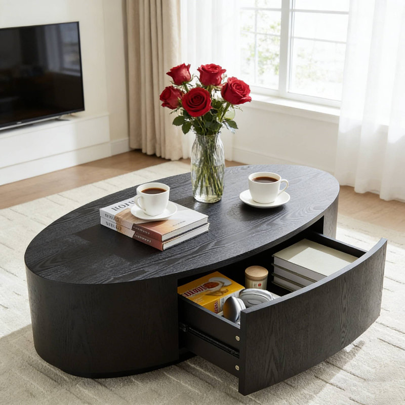 Table basse ovale noire matte, panneau central en MDF de 47,24 po avec tiroir pour salon, Noir