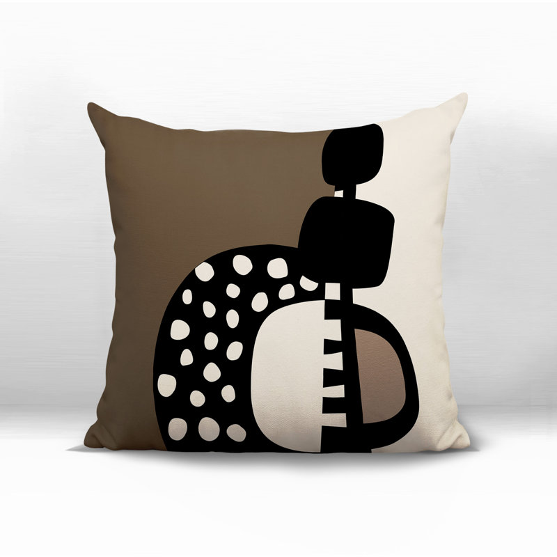 Oreiller carré réversible intérieur / extérieur Khari, H 15 po x l 15 po, Beige / noir / blanc cassé abstrait