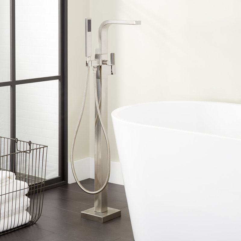Signature Hardware Hibiscus 1 Handle Floor Mounted Clawfoot Tub Faucet with Handshower, Brushed Nickel
