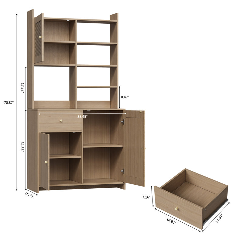 Armoire de cuisine 71 po de hauteur, huche de ferme avec support pour micro-ondes, buffet avec portes et tiroirs en rotin, naturel