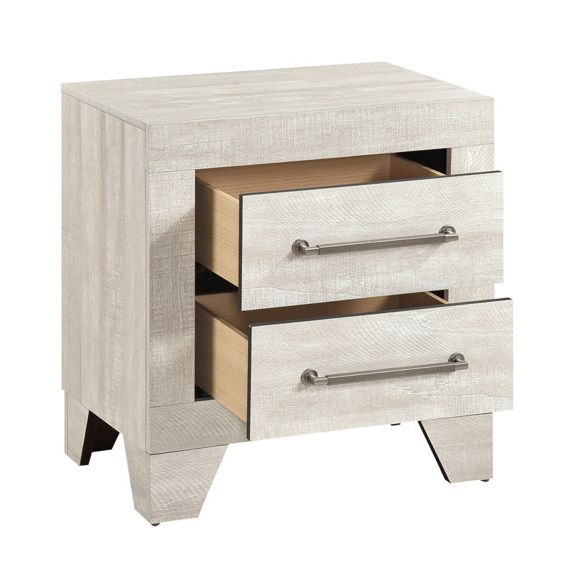 Contemporary Nightstand In Grey Oak With 2 Drawers And Silver - Tone Handles For Bedroom Decor