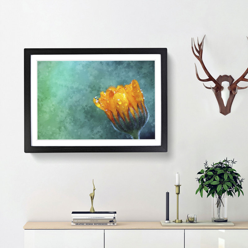 Blooming Orange Magnolia Flower Painting 1 Piece Single Picture Frame Wall Art on MDF, 33cm H x 45cm W x 2cm D, Walnut