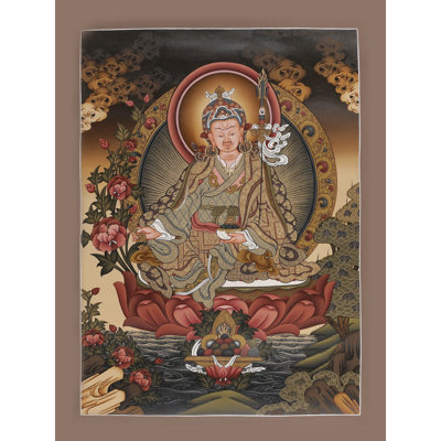 Guru Padmasambhava (Guru Rinpoche) Thangka Hand-Painted Tibetan Buddhist Wall Art, Brocadeless, 24K Gold Accents, 24 x 17.7 in.