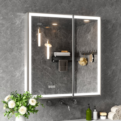 Svenn Recessed Lighted Medicine Cabinet With Mirror, 3 Adjustable Shelves, Beveled Design, Defogger, Outlets & Usbs