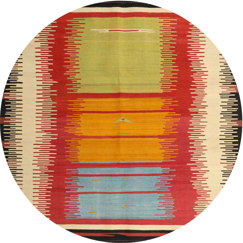 Tapis de zone rouge/bleu/vert contemporaine, Rond 8 pi