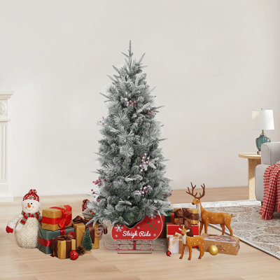 Artificial Christmas Tree, Small Pre-Lit Snow Flocked Christmas Tree, Holiday Xmas Tree with 200 LED Lights, Holiday Sleigh Shape Base, Pine Cones, Red Berry Clusters