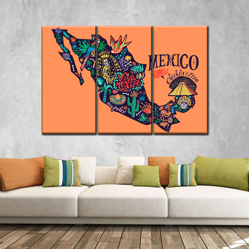 Cartes du Mexique, carte du Mexique sur toile, 3 pièces, H 74 po x l 48 po x P 1,25 po