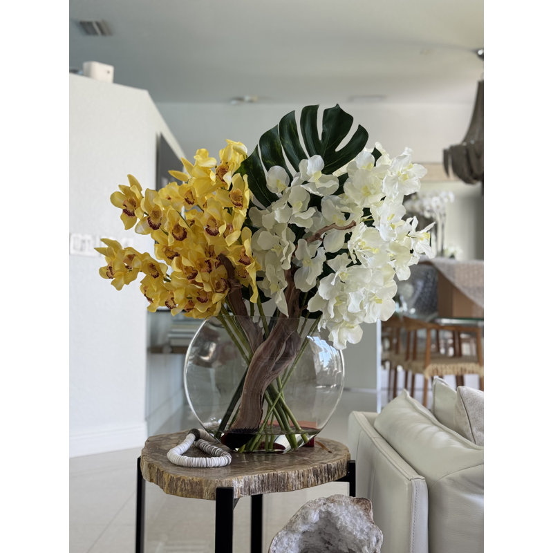 Moon Vase With Yellow Cymbidiums And White Vandas, Yellow