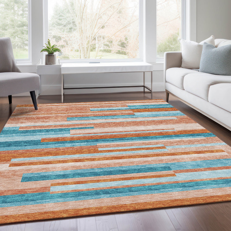 Tapis orange Prisco lavable à la machine de qualité supérieure, Rectangulaire 3 pi x 5 pi