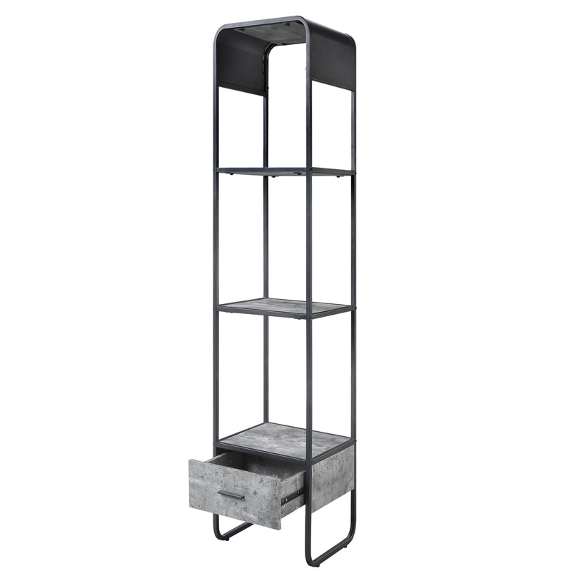 Contemporary Concrete Grey & Black Side Stand With Shelves And Metal Pull Drawer Finish, 2 1