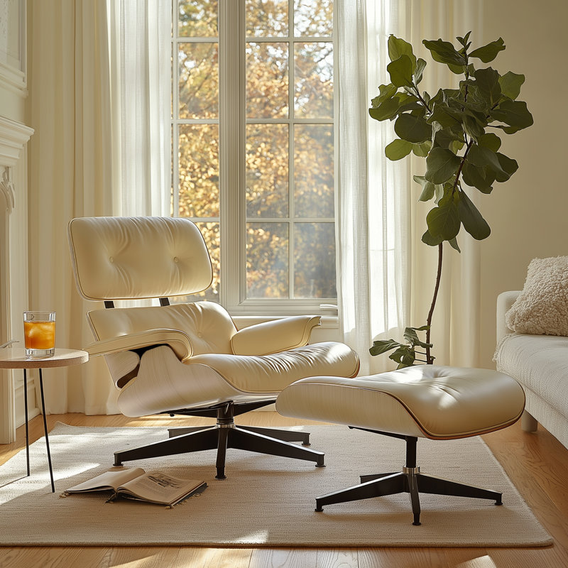 Real Leather lounge chair with Solid Wood, Natural Wood Cream Genuine Leather