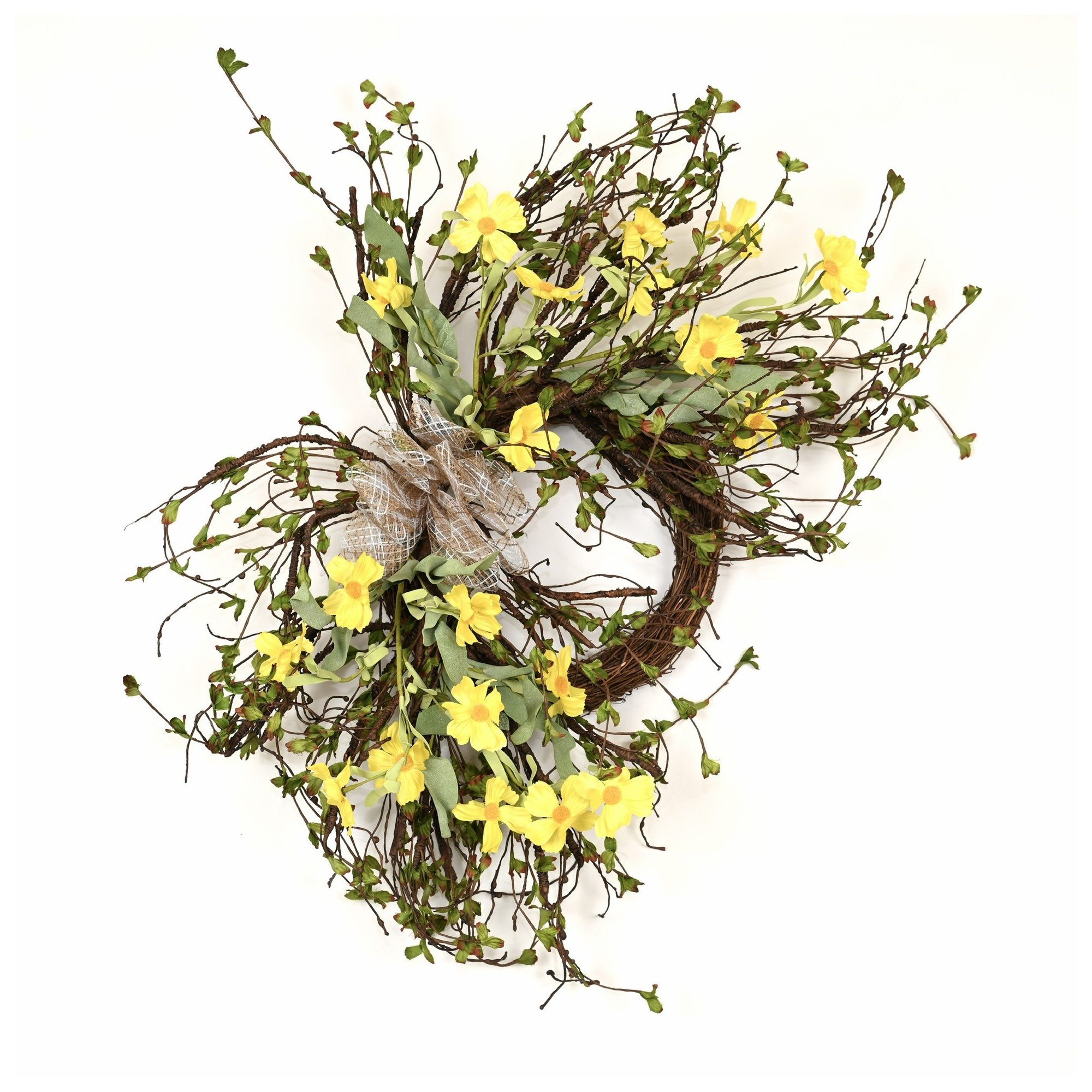 24" Farmhouse Spring Summer Artificial Leafage Wildflower Twig Floral Wreath For Front Door