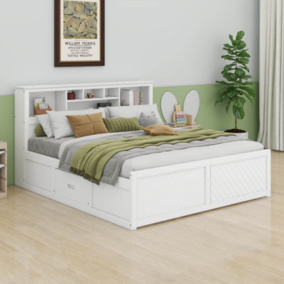 King Size Platform Bed With Bookcase Headboard And Storage Drawers, Wood King Storage Bed Frame With USB