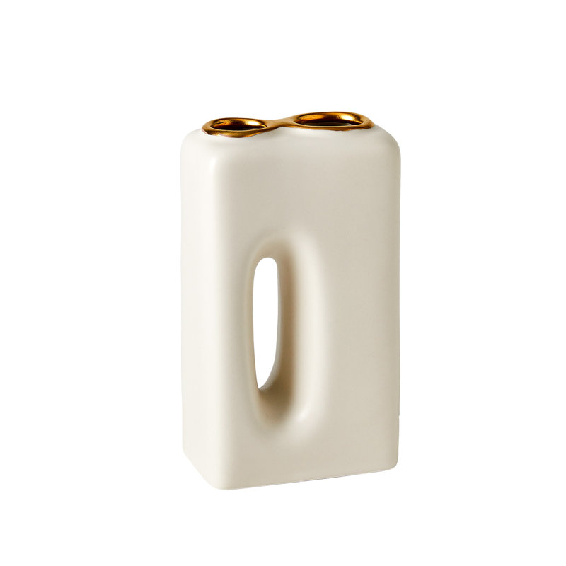 Oh Yes Handmade Earthenware Table Vase, Matte White/Gold