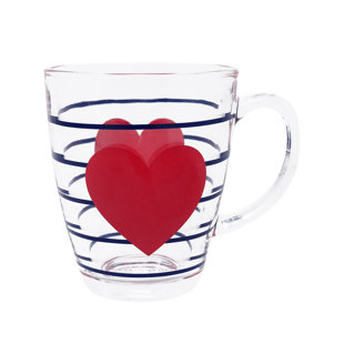Tasse en verre, rayures bleu marine avec cœur