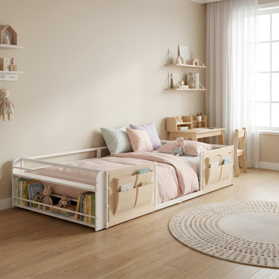 Twin Size Montessori Floor Bed Frame with Double-Layer Bookcase, Full-Surround Safety Guardrails & Bedside Caddy, Metal Kids Bed for Bedroom & Playroom, White (No Slats)