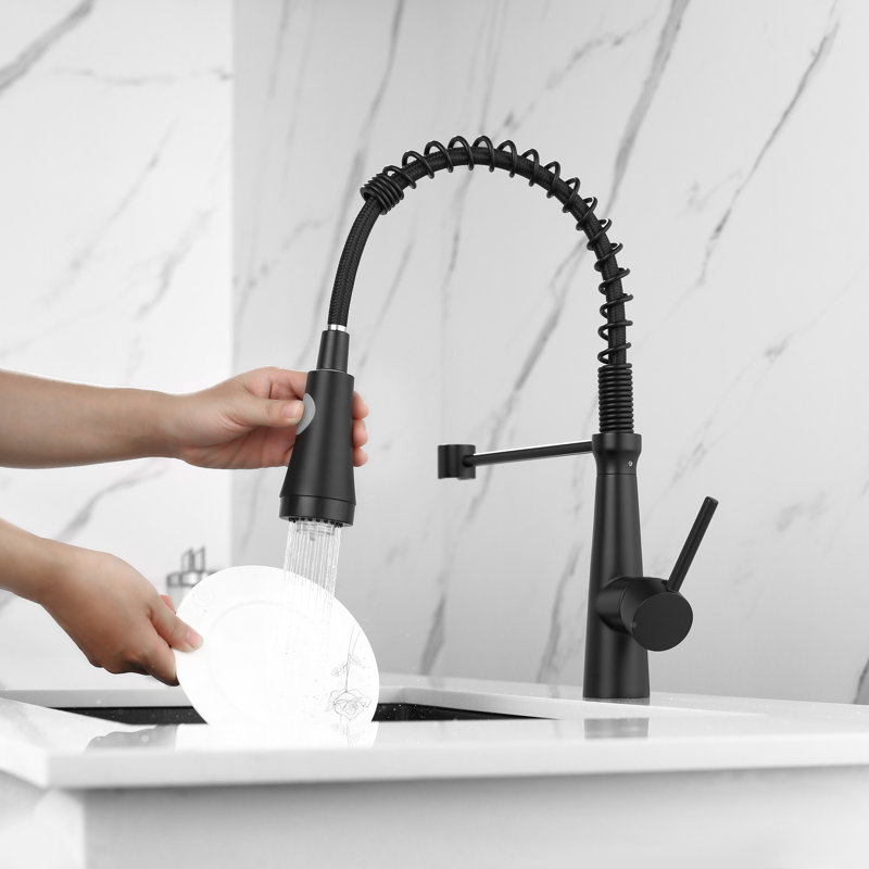 Robinet de cuisine à DEL avec levier rétractable, levier simple, noir, rotation sur 360 °, robinet de nettoyage intuitif et rapide, poignée rétractable, efficace à 360 degrés