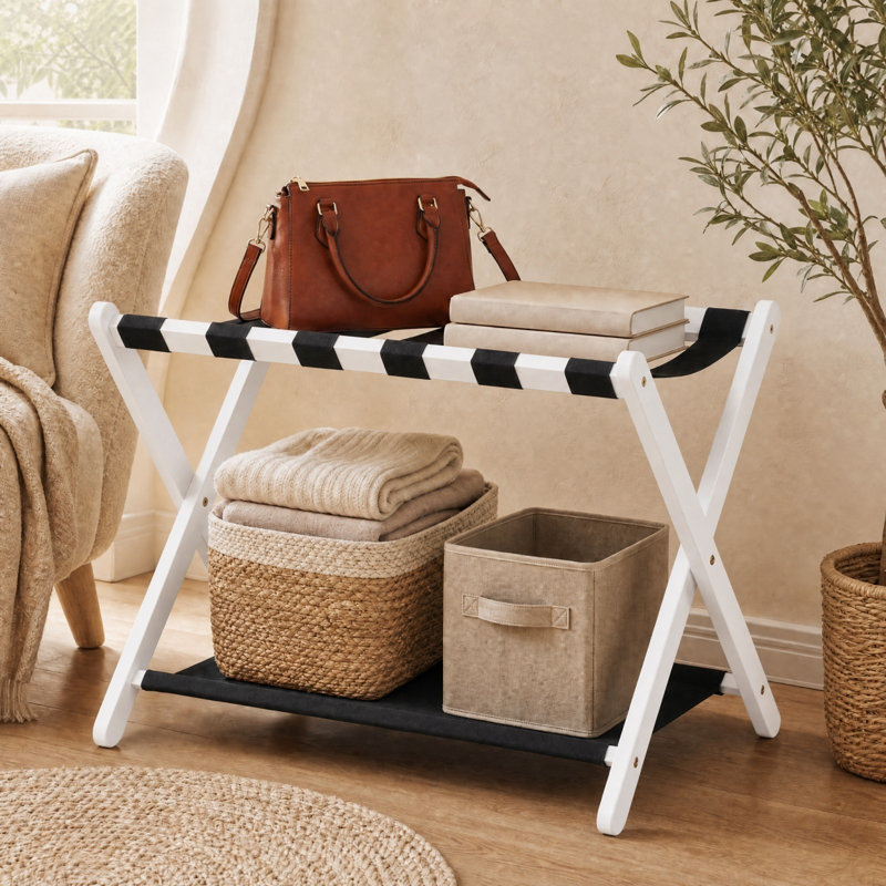 Porte-bagages pliable à 2 niveaux en bois d'hévéa avec tablette en nylon, White