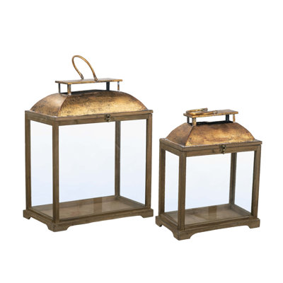 S/2 Brown Wooden Lanterns With Clear Glass Panels And Gold Metal Dome Accents