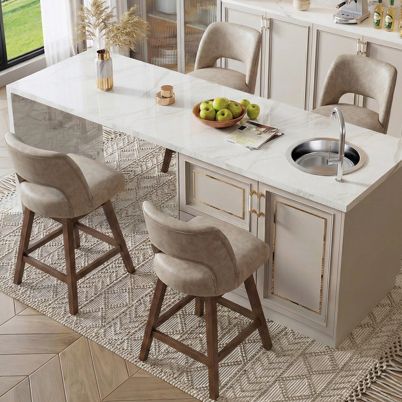 Tabouret de bar pivotant en similicuir avec structure en bois massif (ensemble de 4), 4, Noyer foncé, Taupe / similicuir