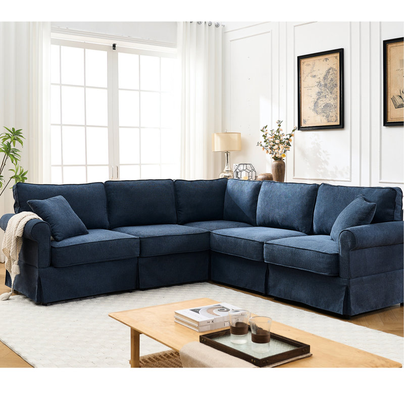Canapé modulaire en forme de L 5, avec revêtement bleu foncé et base en tissu, Bleu très foncé
