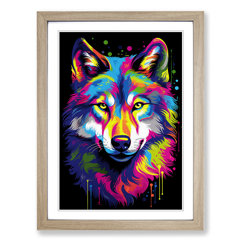Wolf Pop No.2 - Single Picture Frame Print on Wood, 64cm H x 46cm W x 2cm D, Oak