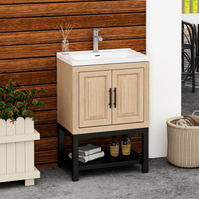24 - Inch Bathroom Vanity With White Ceramic Sink, Oxidized Frame, And Hollowed Out Shelves For Indoor Use Modern Freestanding Seamless Flexible Hinges, Black Metal Handles