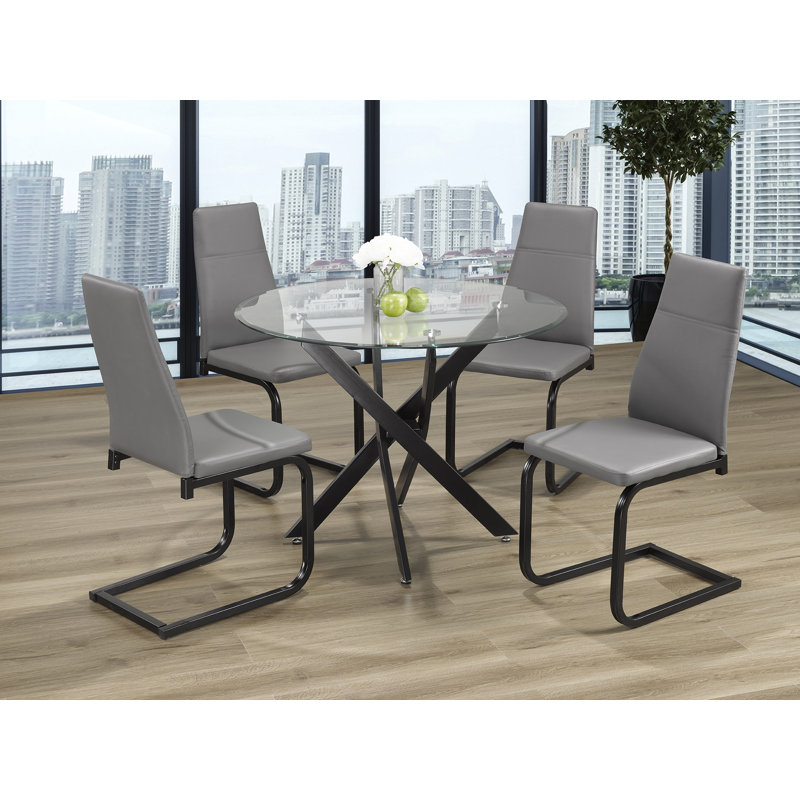 Gupton Round Glass Top Metal Base Dining Table, Black, 29.5”H x 39"L x 39"W