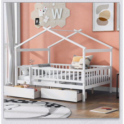 Charming Wooden House Bed with Two Drawers, Perfect for Cozy and Organized Bedrooms