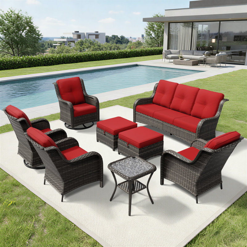 7 - Person Wicker Patio Furniture Set with Swivel Chairs, All-Weather Outdoor Rattan Sofa Conversation Set with Cushions for Garden, Backyard & Porch