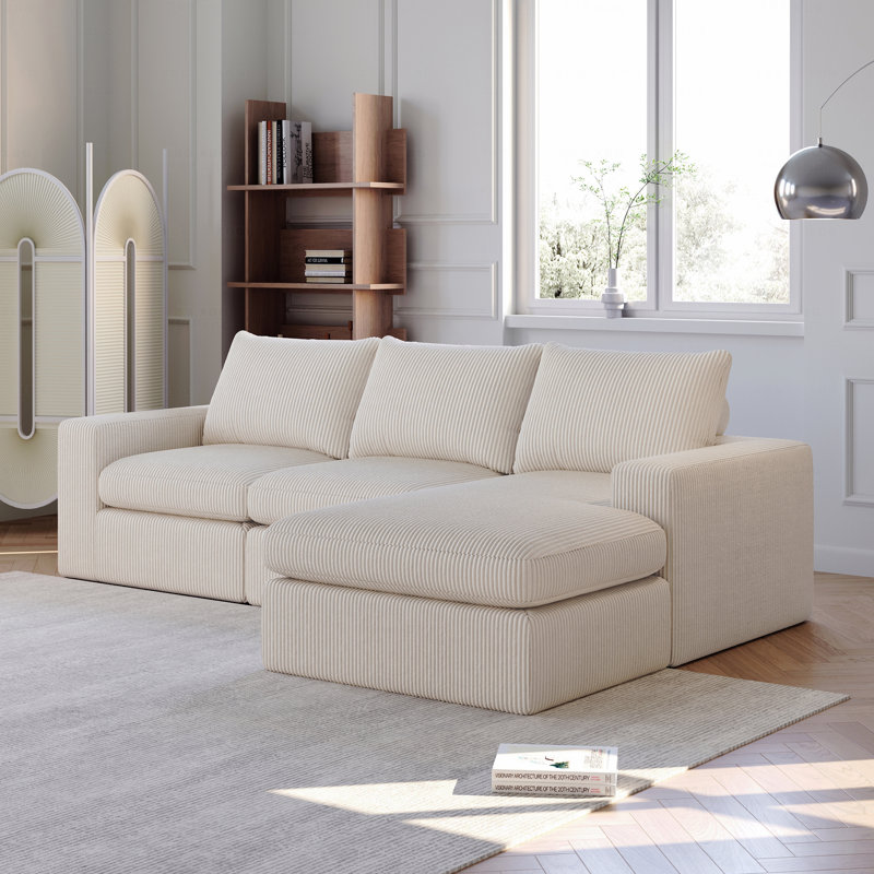 Canapé de 99 po sans méridienne avec méridienne, canapé modulaire rembourré en L de style moderne avec trois coussins, canapé rembourré en tissu Velours côtelé