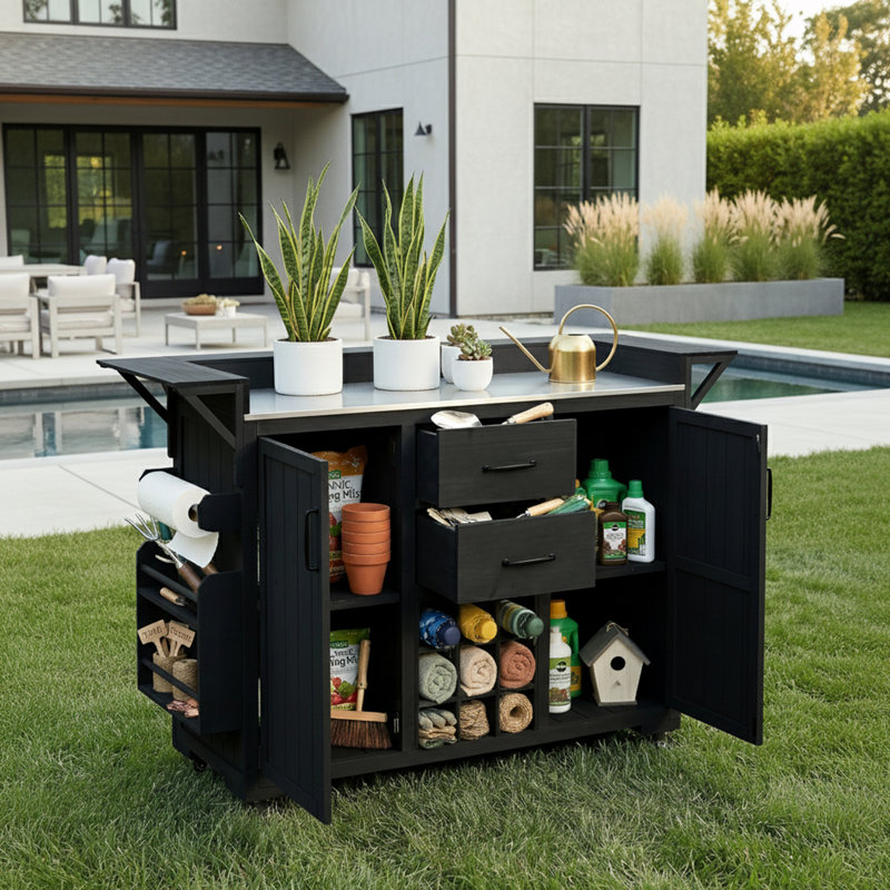 Îlot de cuisine extérieur avec support à épices, porte-bouteilles et plateau en acier inoxydable, Black