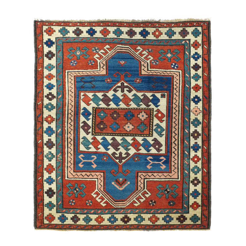 Tapis bleu / brun en laine noué à la main de conception unique 3 pi 5 po x 3 pi 11 po