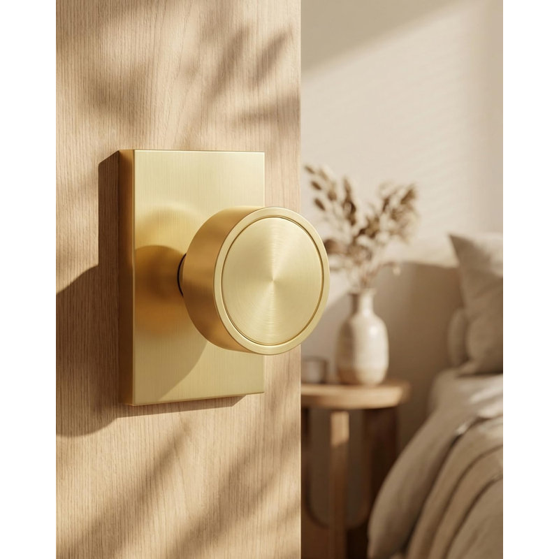 Gold Closet Door Knob Interior, Bruhsed Gold Passage Interior Door Knob, Heavy Duty Zinc Alloy Modern Indoor Brushed Brass DoorKnob for Closet, Hallway, 1 Pack