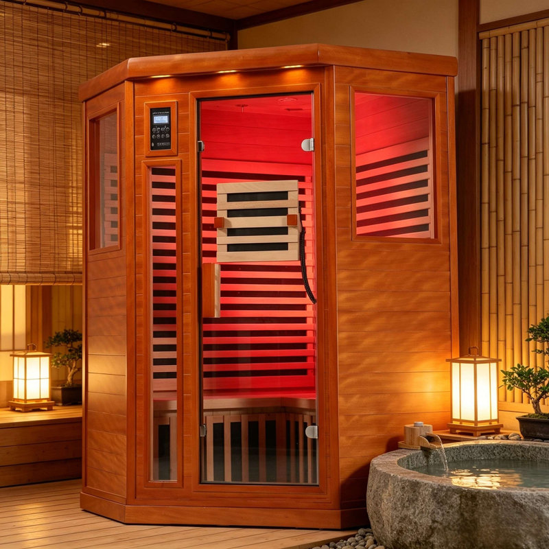 KISRAIS Indoor Sauna 2-Person Low EMF FAR Corner Infrared Sauna With Atmosphere Lights, Outside Lights, Reading Lights, 7-color Therapy Light & Bluetooth Speakers – Made From Canadian Hemlock