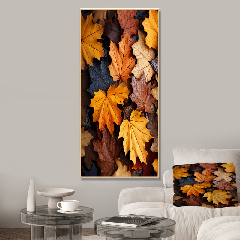 «Yellow and Orange Autumn Mapple Leaves 1» - art mural feuilles, Cadre flottant brun, H 60 po x l 28 po x P 1,5 po