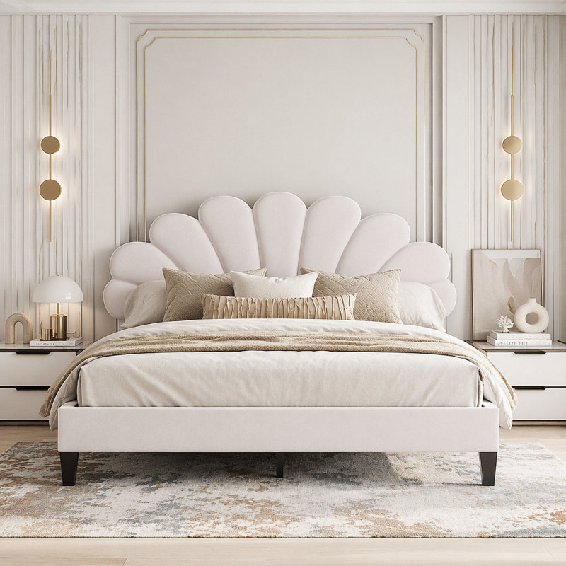 Lit plateforme tapissier avec tête de lit en velours à motif floral, Grand lit, Beige
