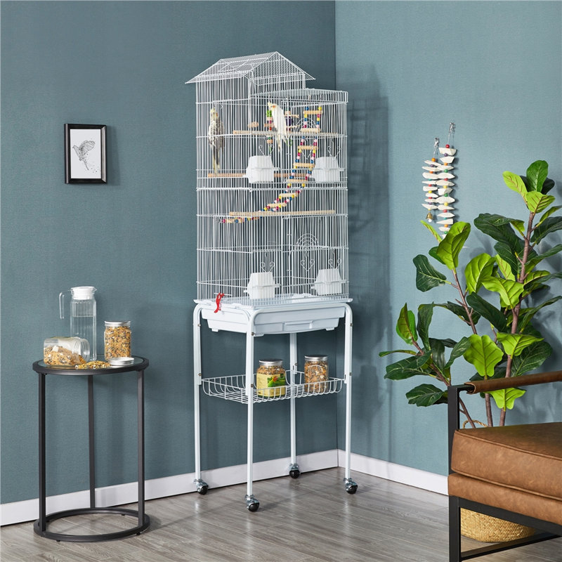 158.5cm Iron Pointed Top Floor Bird Cage with Wheels, White