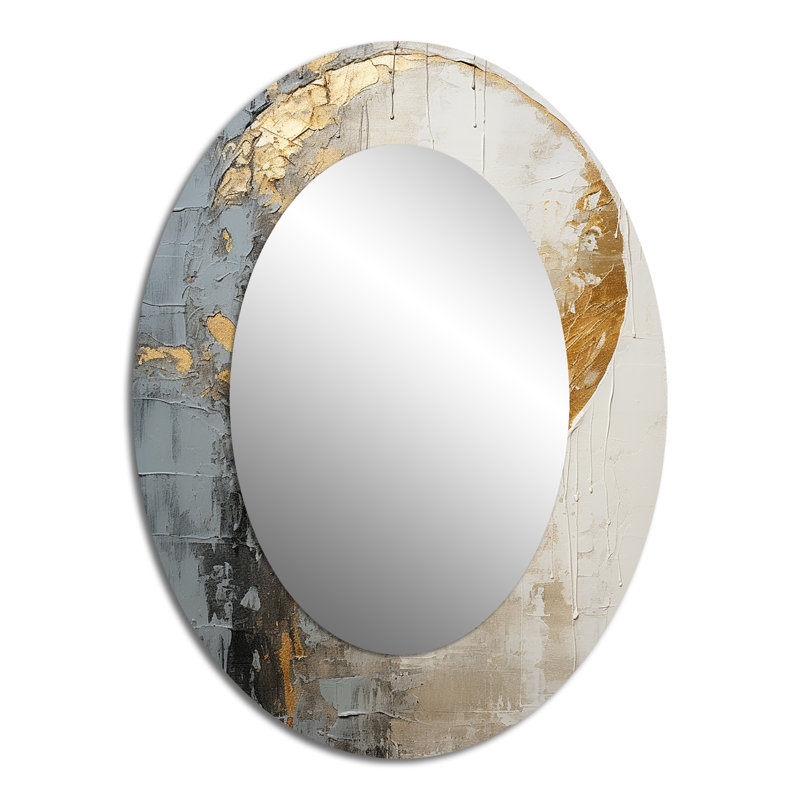 Minimalism Grey Gold Moon Poteries - Abstract Oval Decorative Mirror On Metal, 40" x 30"