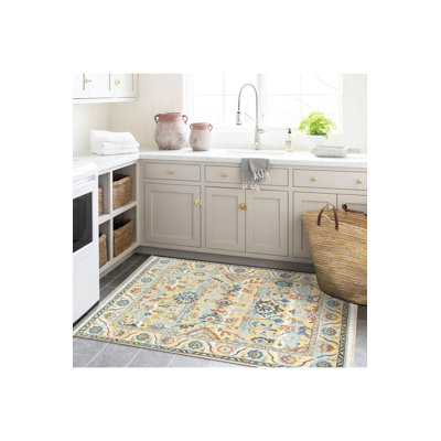 Machine Washable Barcelona Collection Beige Tone Ethnic Floral Patterns Traditional Patterned Vintage Decorative Rug